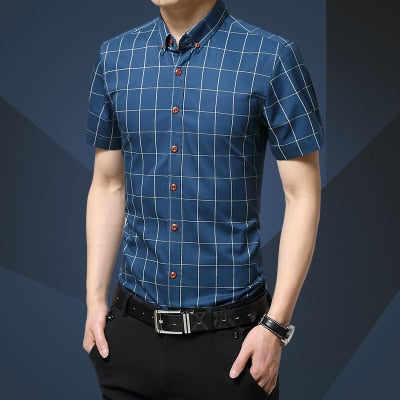 Men Shirt Men's Shorts Sleeve Slim Fit Checkered   Dress Shirt 2019 Summer Camisa Social Masculina Chemise Homme