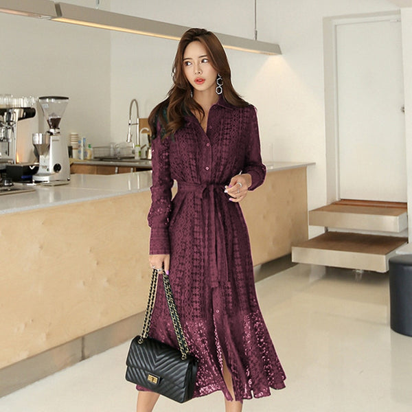 Spring Hollow-out Lace Women Long Dress with Belt Single Breasted Elegant Mermaid Female Dress Full Sleeve Autumn Vestidos femme