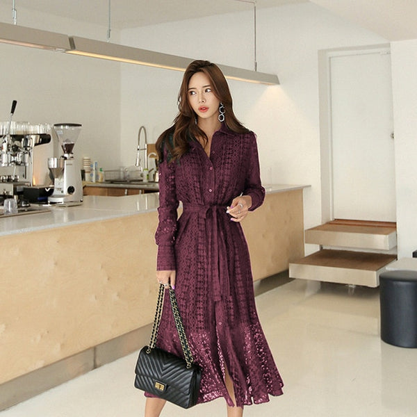 Spring Hollow-out Lace Women Long Dress with Belt Single Breasted Elegant Mermaid Female Dress Full Sleeve Autumn Vestidos femme