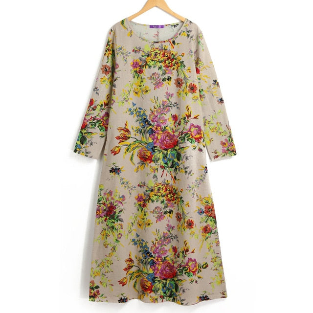 EaseHut 2019 New Vintage Women Maxi Floral Dress Plus Size Long Sleeves Pockets O Neck Cotton Linen Loose Robe Dresses vestidos